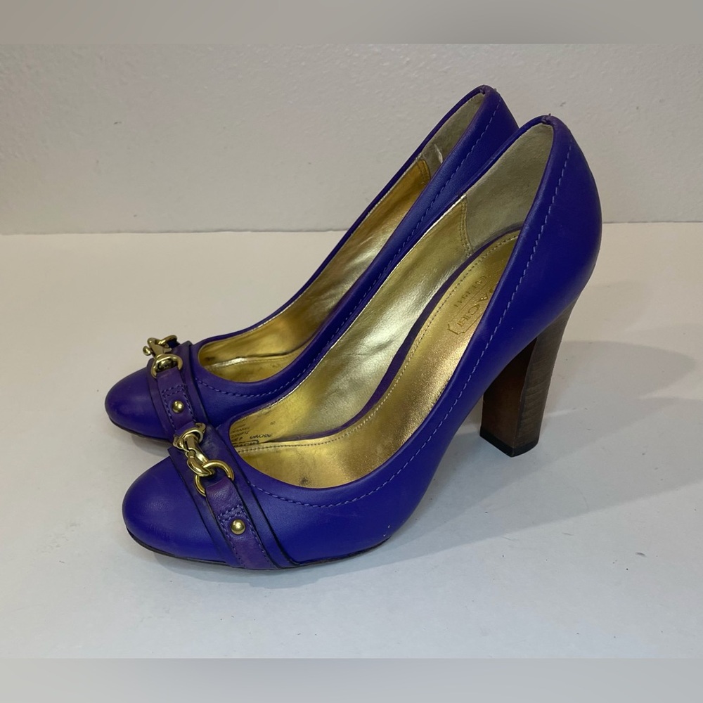 Coach Desaree Purple Bock Heel Pumps Gold Hook‎ Buckle Accent Heels Size 6 B